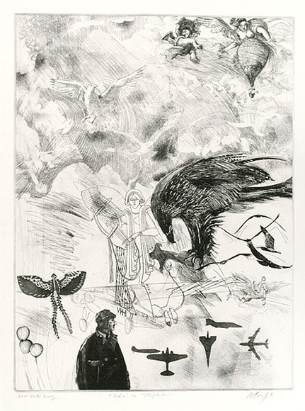 Artist: b'GRIFFITH, Pamela' | Title: b'Ode to flight' | Date: 1980 | Technique: b'etching, soft ground, hard ground, rocker, aquatint, second hard ground sandpaper lift, spray & spatter resist printed in black ink, from one zinc plate' | Copyright: b'\xc2\xa9 Pamela Griffith' Artist: b'GRIFFITH, Pamela' | Title: b'Ode to flight' | Date: 1980 | Technique: b'etching, soft ground, hard ground, rocker, aquatint, second hard ground sandpaper lift, spray & spatter resist printed in black ink, from one zinc plate' | Copyright: b'\xc2\xa9 Pamela Griffith'