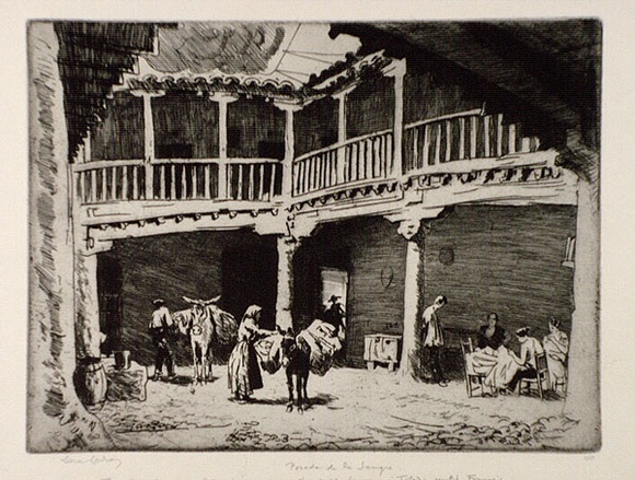 Artist: b'LINDSAY, Lionel' | Title: b'Posada de la sangre, Toledo' | Date: 1926 | Technique: b'etching, printed in warm black ink with plate-tone, from one plate' | Copyright: b'Courtesy of the National Library of Australia' Artist: b'LINDSAY, Lionel' | Title: b'Posada de la sangre, Toledo' | Date: 1926 | Technique: b'etching, printed in warm black ink with plate-tone, from one plate' | Copyright: b'Courtesy of the National Library of Australia'