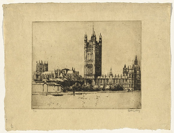 Artist: b'Long, Sydney.' | Title: b'Westminster' | Date: 1920 | Technique: b'line-etching and drypoint, printed in warm brown ink, from one copper plate' | Copyright: b'Reproduced with the kind permission of the Ophthalmic Research Institute of Australia' Artist: b'Long, Sydney.' | Title: b'Westminster' | Date: 1920 | Technique: b'line-etching and drypoint, printed in warm brown ink, from one copper plate' | Copyright: b'Reproduced with the kind permission of the Ophthalmic Research Institute of Australia'