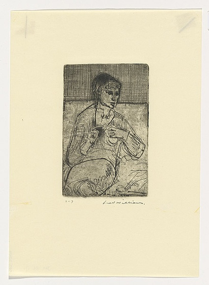 Artist: b'WILLIAMS, Fred' | Title: b'Woman filing her nails' | Date: 1955-56 | Technique: b'etching, deep etch and engraving, printed in black ink, from one copper plate' | Copyright: b'\xc2\xa9 Fred Williams Estate' Artist: b'WILLIAMS, Fred' | Title: b'Woman filing her nails' | Date: 1955-56 | Technique: b'etching, deep etch and engraving, printed in black ink, from one copper plate' | Copyright: b'\xc2\xa9 Fred Williams Estate'