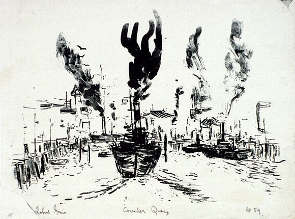 Artist: b'Grieve, Robert.' | Title: b'Circular Quay' | Date: 1959 | Technique: b'lithograph, printed in blue-black from one stone' Artist: b'Grieve, Robert.' | Title: b'Circular Quay' | Date: 1959 | Technique: b'lithograph, printed in blue-black from one stone'
