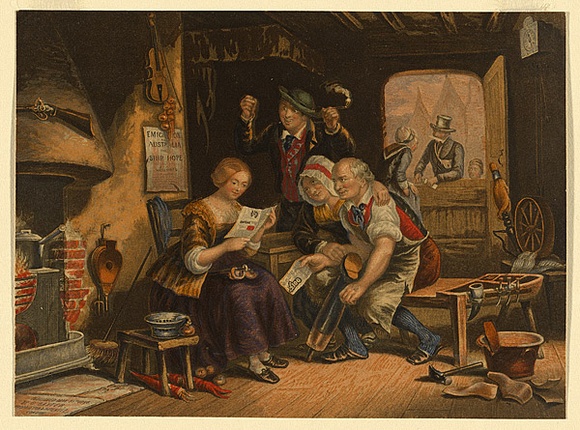 Artist: b'Baxter, George.' | Title: b'News from Australia.' | Date: 1854 | Technique: b'etching, wood-engraving (Baxter print), printed in colour' Artist: b'Baxter, George.' | Title: b'News from Australia.' | Date: 1854 | Technique: b'etching, wood-engraving (Baxter print), printed in colour'