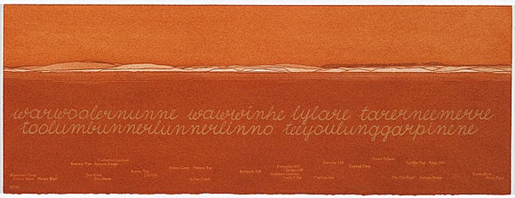 Artist: b'MADDOCK, Bea' | Title: b'Terra Spiritus...with a darker shade of pale' | Date: 1993-98 | Technique: b'stencil print, printed in hand-ground Launceston ochre from multiple hand-cut mylar stencils; letterpress text blind printed; hand-drawn script' Artist: b'MADDOCK, Bea' | Title: b'Terra Spiritus...with a darker shade of pale' | Date: 1993-98 | Technique: b'stencil print, printed in hand-ground Launceston ochre from multiple hand-cut mylar stencils; letterpress text blind printed; hand-drawn script'