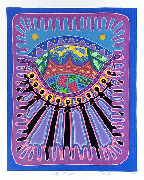 Artist: b'Morgan, Sally.' | Title: b'Sisters' | Date: 1989 | Technique: b'screenprint, printed in colour, from multiple stencils' Artist: b'Morgan, Sally.' | Title: b'Sisters' | Date: 1989 | Technique: b'screenprint, printed in colour, from multiple stencils'