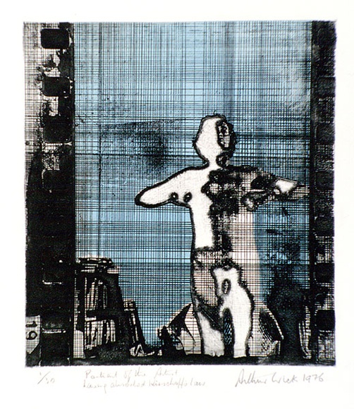 Artist: b'WICKS, Arthur' | Title: bPortrait of the artist having absorbing Kirschoff's law | Date: 1976 | Technique: b'etching, printed in colour, from one plate' Artist: b'WICKS, Arthur' | Title: bPortrait of the artist having absorbing Kirschoff's law | Date: 1976 | Technique: b'etching, printed in colour, from one plate'