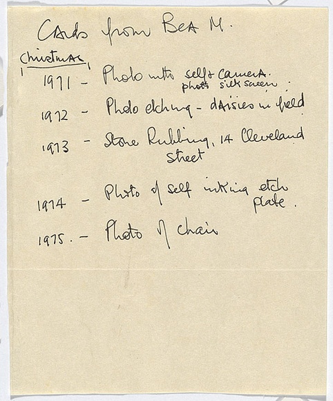 Title: b'List of Christmas cards from Bea Maddock' | Technique: b'hand-written list'