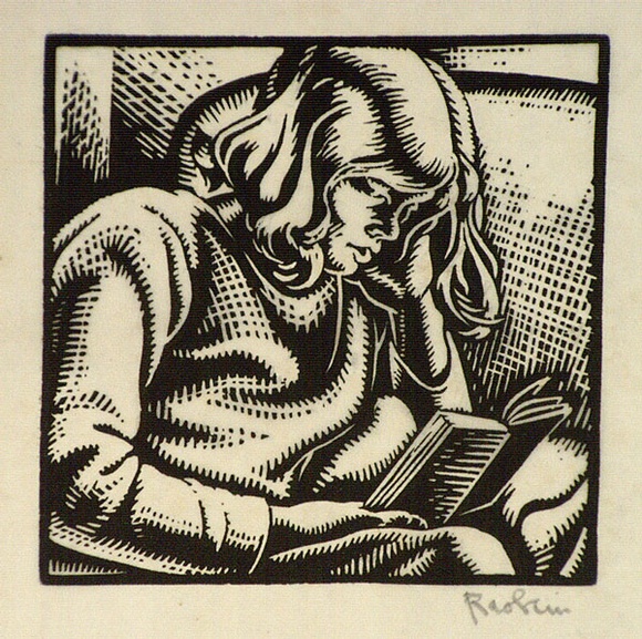 Artist: b'Hawkins, Weaver.' | Title: b'(Girl reading a book)' | Date: c.1928 | Technique: b'woodcut, printed in black ink, from one block' | Copyright: b'The Estate of H.F Weaver Hawkins' Artist: b'Hawkins, Weaver.' | Title: b'(Girl reading a book)' | Date: c.1928 | Technique: b'woodcut, printed in black ink, from one block' | Copyright: b'The Estate of H.F Weaver Hawkins'
