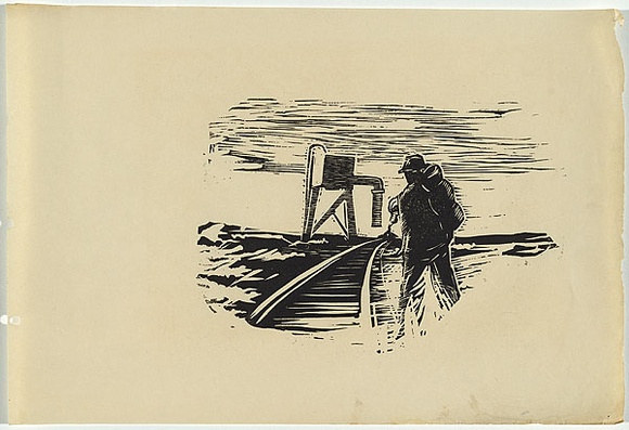 Artist: b'UNKNOWN, WORKER ARTISTS, SYDNEY, NSW' | Title: b'Not titled (traintrack and swaggy).' | Date: 1933 | Technique: b'linocut, printed in black ink, from one block' Artist: b'UNKNOWN, WORKER ARTISTS, SYDNEY, NSW' | Title: b'Not titled (traintrack and swaggy).' | Date: 1933 | Technique: b'linocut, printed in black ink, from one block'