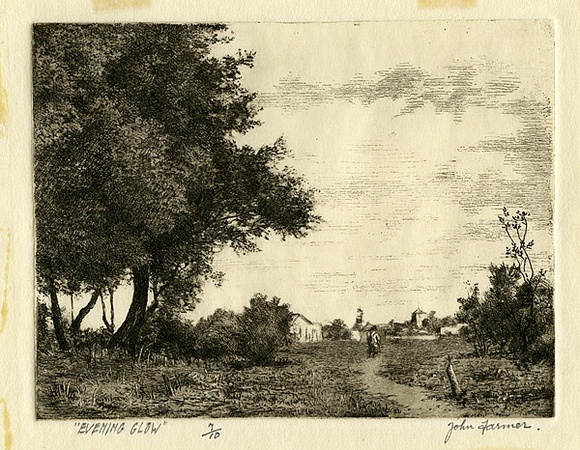 Artist: b'Farmer, John.' | Title: b'Evening glow.' | Date: c.1960 | Technique: b'etching, printed in black ink with plate-tone, from one plate' Artist: b'Farmer, John.' | Title: b'Evening glow.' | Date: c.1960 | Technique: b'etching, printed in black ink with plate-tone, from one plate'