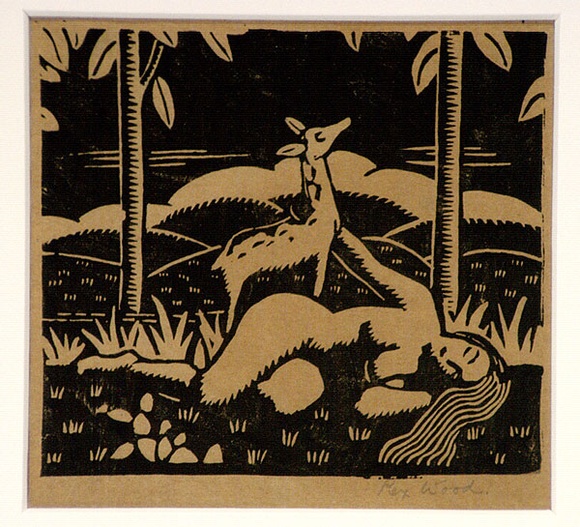 Artist: b'Wood, Rex.' | Title: b'(Nude woman with a deer)' | Date: c.1933 | Technique: b'linocut, printed in black ink, from one block' Artist: b'Wood, Rex.' | Title: b'(Nude woman with a deer)' | Date: c.1933 | Technique: b'linocut, printed in black ink, from one block'