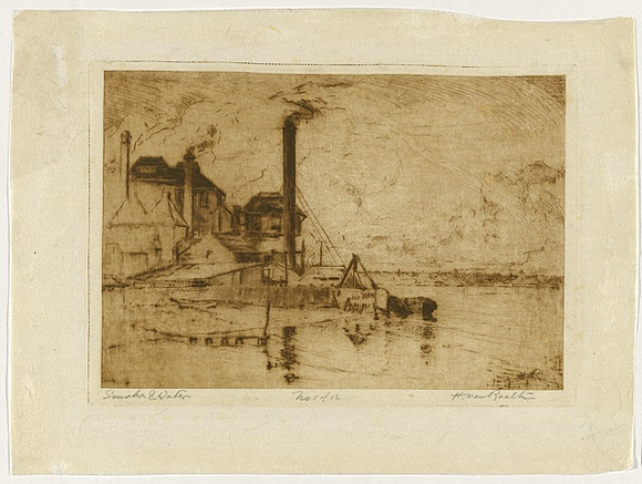 Artist: van RAALTE, Henri | Title: Smoke and water | Date: c.1918 | Technique: drypoint, printed in brown ink with plate-tone, from one plate