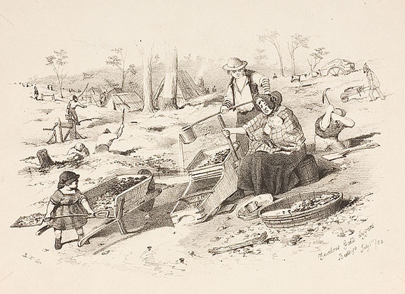 Artist: b'GILL, S.T.' | Title: b'Zealous gold diggers, Bendigo.' | Date: 1852 | Technique: b'lithograph, printed in black ink, from one stone' Artist: b'GILL, S.T.' | Title: b'Zealous gold diggers, Bendigo.' | Date: 1852 | Technique: b'lithograph, printed in black ink, from one stone'