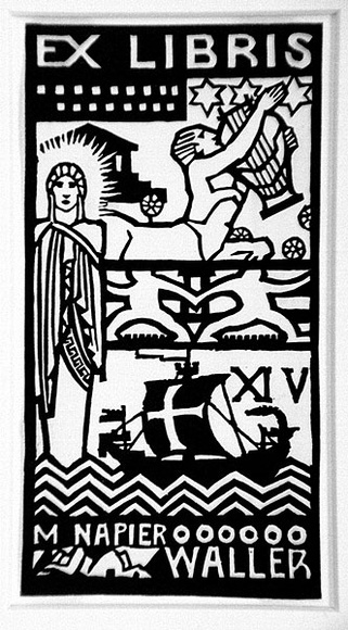 Artist: b'Waller, Christian.' | Title: b'Bookplate: M Napier Waller' | Date: c.1932 | Technique: b'linocut, printed in black ink, from one block' Artist: b'Waller, Christian.' | Title: b'Bookplate: M Napier Waller' | Date: c.1932 | Technique: b'linocut, printed in black ink, from one block'