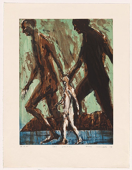 Artist: b'Macleod, Euan.' | Title: b'Day walking' | Date: 2003 | Technique: b'etching, aquatint, sugar-lift and open-bite, printed in colour, from four plates' Artist: b'Macleod, Euan.' | Title: b'Day walking' | Date: 2003 | Technique: b'etching, aquatint, sugar-lift and open-bite, printed in colour, from four plates'