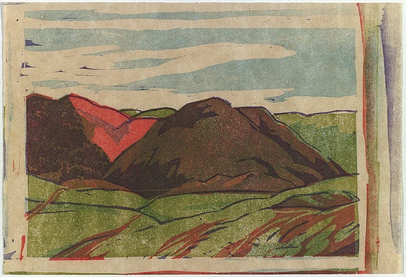 Artist: b'Bell, George..' | Title: b'(Hills).' | Date: 1936 | Technique: b'linocut, printed in colour, from multiple blocks' Artist: b'Bell, George..' | Title: b'(Hills).' | Date: 1936 | Technique: b'linocut, printed in colour, from multiple blocks'