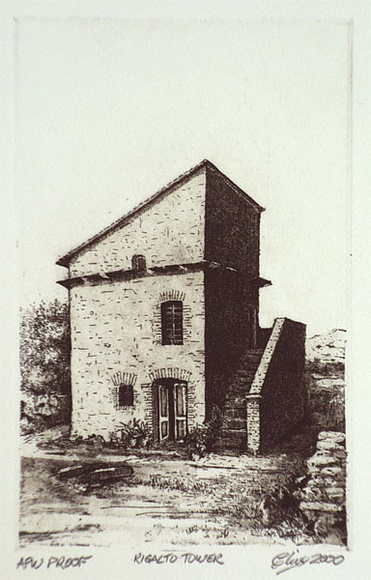 Artist: b'Dickson, Clive.' | Title: b'Rigalto tower' | Date: 2000, September | Technique: b'etching and aquatint, printed in black ink, from one plate' Artist: b'Dickson, Clive.' | Title: b'Rigalto tower' | Date: 2000, September | Technique: b'etching and aquatint, printed in black ink, from one plate'