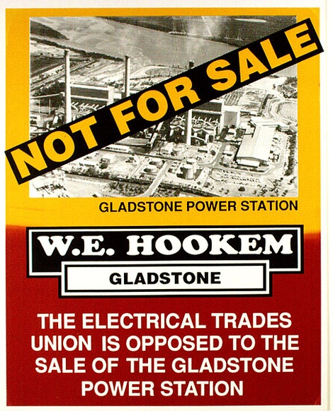 Artist: b'VARIOUS' | Title: b'Gladstone Power Station - Not For Sale' | Date: 1991, June | Technique: b'screenprint, printed in red, yellow and black ink, from three stencils' Artist: b'VARIOUS' | Title: b'Gladstone Power Station - Not For Sale' | Date: 1991, June | Technique: b'screenprint, printed in red, yellow and black ink, from three stencils'