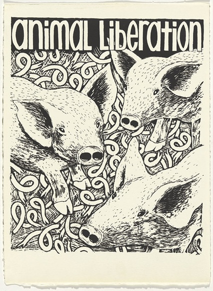 Artist: b'WORSTEAD, Paul' | Title: b'Animal Liberation' | Date: 1984 | Technique: b'screenprint, printed in black ink, from one stencil' | Copyright: b'This work appears on screen courtesy of the artist' Artist: b'WORSTEAD, Paul' | Title: b'Animal Liberation' | Date: 1984 | Technique: b'screenprint, printed in black ink, from one stencil' | Copyright: b'This work appears on screen courtesy of the artist'