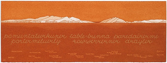 Artist: b'MADDOCK, Bea' | Title: b'Terra Spiritus...with a darker shade of pale' | Date: 1993-98 | Technique: b'stencil print, printed in hand-ground Launceston ochre from multiple hand-cut mylar stencils; letterpress text blind printed; hand-drawn script' Artist: b'MADDOCK, Bea' | Title: b'Terra Spiritus...with a darker shade of pale' | Date: 1993-98 | Technique: b'stencil print, printed in hand-ground Launceston ochre from multiple hand-cut mylar stencils; letterpress text blind printed; hand-drawn script'