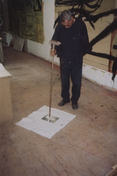 Artist: LOANE, John | Title: Mike Parr working plate with broom handle at Viridian Press, Olinda, Victoria.