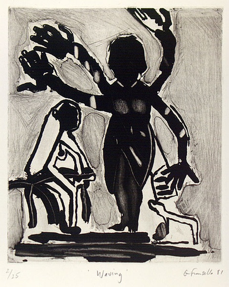 Artist: b'Fransella, Graham.' | Title: b'Waving'. | Date: 1981 | Technique: b'aquatint, burnished aquatint and burnishing, printed in black ink, from one plate' | Copyright: b'Courtesy of the artist' Artist: b'Fransella, Graham.' | Title: b'Waving'. | Date: 1981 | Technique: b'aquatint, burnished aquatint and burnishing, printed in black ink, from one plate' | Copyright: b'Courtesy of the artist'