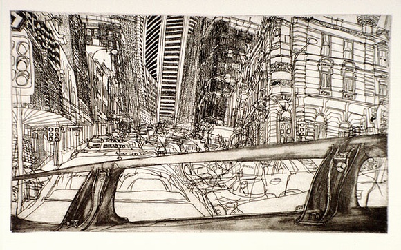Artist: b'Rooney, Elizabeth.' | Title: b'King Street, Sydney 1890 - 1980' | Date: (1980) | Technique: b'etching and aquatint, printed in warm black ink with plate-tone, from one plate' Artist: b'Rooney, Elizabeth.' | Title: b'King Street, Sydney 1890 - 1980' | Date: (1980) | Technique: b'etching and aquatint, printed in warm black ink with plate-tone, from one plate'