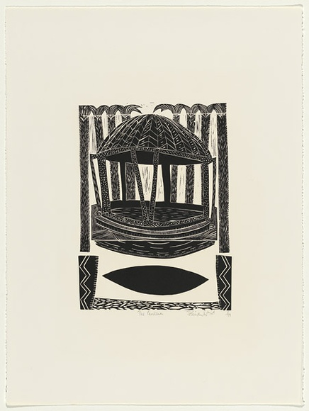 Artist: b'Kirwan-Ward, Jeremy.' | Title: b'The pavilion' | Date: 1988 | Technique: b'linocut, printed in black ink, from one block' Artist: b'Kirwan-Ward, Jeremy.' | Title: b'The pavilion' | Date: 1988 | Technique: b'linocut, printed in black ink, from one block'