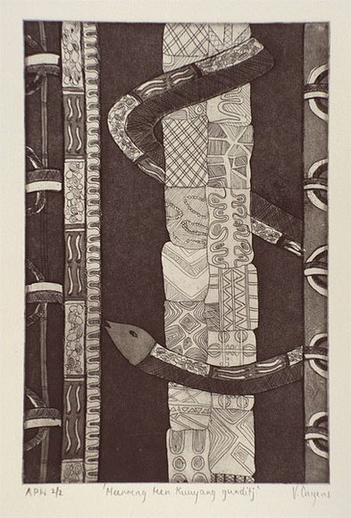 Artist: b'Couzens, Vicki.' | Title: b'Meerreng teen kuuyany gunditj' | Date: 2000, June | Technique: b'etching and aquatint, printed in black ink, from one plate' | Copyright: b'\xc2\xa9 V. Couzens' Artist: b'Couzens, Vicki.' | Title: b'Meerreng teen kuuyany gunditj' | Date: 2000, June | Technique: b'etching and aquatint, printed in black ink, from one plate' | Copyright: b'\xc2\xa9 V. Couzens'