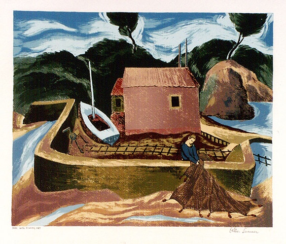 Artist: b'Sumner, Alan.' | Title: b'Man with a fishing net' | Date: 1948 | Technique: b'screenprint, printed in colour, from 16 stencils' Artist: b'Sumner, Alan.' | Title: b'Man with a fishing net' | Date: 1948 | Technique: b'screenprint, printed in colour, from 16 stencils'