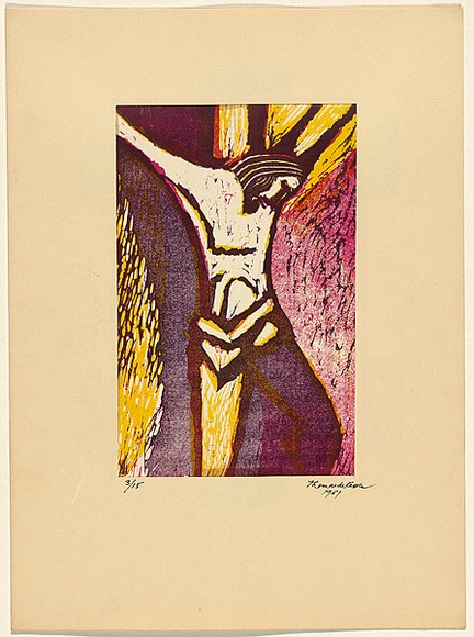 Artist: de Kesler, Thomas. | Title: not titled [Christ on the cross] | Date: about 1955 | Technique: linocut, printed in colour, from multiple blocks