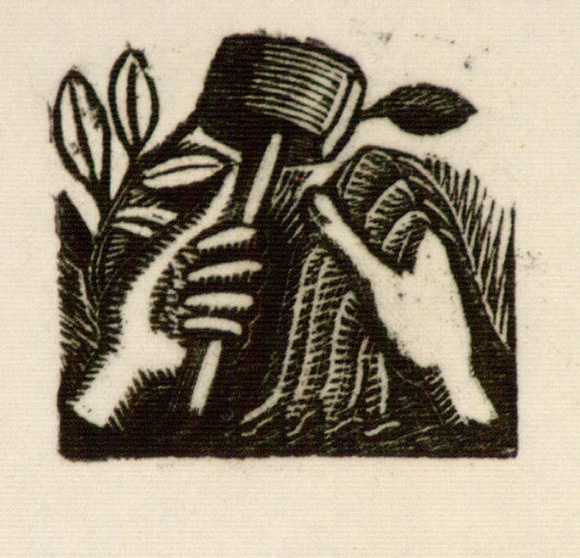 Artist: b'OGILVIE, Helen' | Title: b'(Hands with hammer and cloth)' | Technique: b'wood-engraving, printed in black ink, from one block' Artist: b'OGILVIE, Helen' | Title: b'(Hands with hammer and cloth)' | Technique: b'wood-engraving, printed in black ink, from one block'