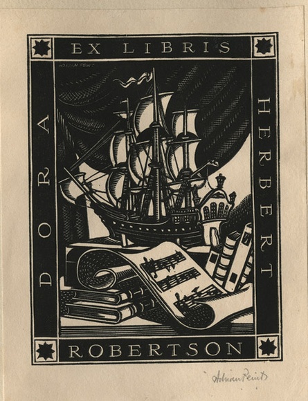 Artist: b'FEINT, Adrian' | Title: b'Bookplate: Dora Herbert Robertson.' | Date: (1937) | Technique: b'wood-engraving, printed in black ink, from one block' | Copyright: b'Courtesy the Estate of Adrian Feint' Artist: b'FEINT, Adrian' | Title: b'Bookplate: Dora Herbert Robertson.' | Date: (1937) | Technique: b'wood-engraving, printed in black ink, from one block' | Copyright: b'Courtesy the Estate of Adrian Feint'