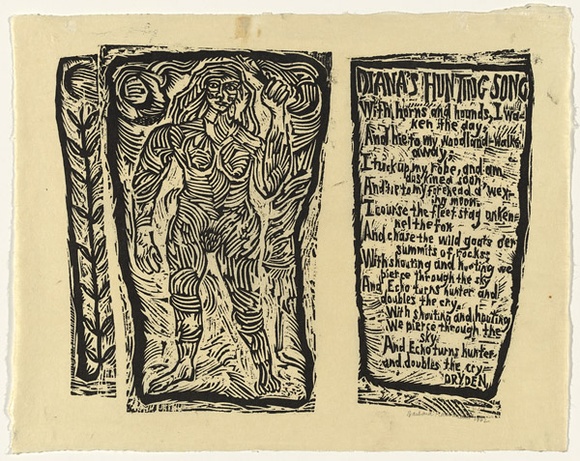Artist: b'HANRAHAN, Barbara' | Title: bDiana's hunting song | Date: 1962 | Technique: b'linocut, printed in black ink, from three blocks' Artist: b'HANRAHAN, Barbara' | Title: bDiana's hunting song | Date: 1962 | Technique: b'linocut, printed in black ink, from three blocks'