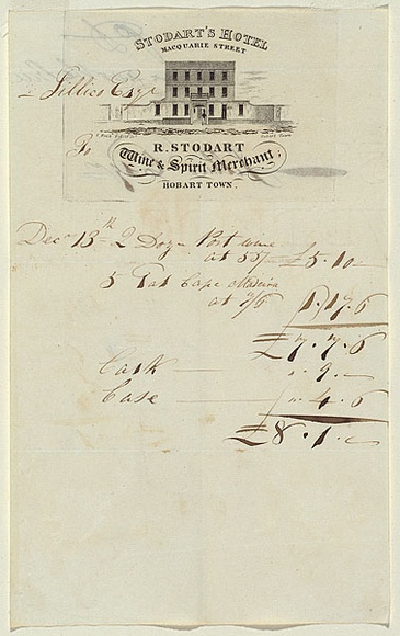 Artist: b'Bock, Thomas.' | Title: bBillhead: Stodart's Hotel, Macquarie Street, Hobart Town. | Date: c.1825 | Technique: b'line-engraving, printed in black ink, from one copper plate' Artist: b'Bock, Thomas.' | Title: bBillhead: Stodart's Hotel, Macquarie Street, Hobart Town. | Date: c.1825 | Technique: b'line-engraving, printed in black ink, from one copper plate'