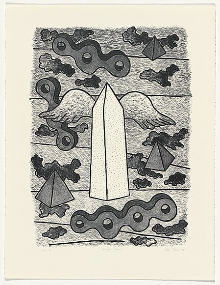 Artist: b'Bowen, Dean.' | Title: b'Winged obelisk' | Date: 1988 | Technique: b'lithograph, printed in black ink, from one stone' Artist: b'Bowen, Dean.' | Title: b'Winged obelisk' | Date: 1988 | Technique: b'lithograph, printed in black ink, from one stone'