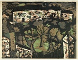 Artist: Adams, Tate. | Title: (Village in Mourne). | Date: (1954) | Technique: linocut, printed in colour, from four blocks