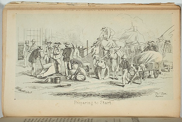 Artist: b'STRUTT, William' | Title: b'Gold diggings of Victoria preparing to start.' | Date: 1851 | Technique: b'engraving, printed in colour, from multipe copper plates' Artist: b'STRUTT, William' | Title: b'Gold diggings of Victoria preparing to start.' | Date: 1851 | Technique: b'engraving, printed in colour, from multipe copper plates'
