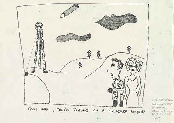 Artist: b'Weedenberg, Patricia.' | Title: bGolly Mabel, they're putting on a fireworks display. (Cartoon for the proposed Omega navigation base at Woodside, Gippsland | Date: (1977) | Technique: b'pencil' Artist: b'Weedenberg, Patricia.' | Title: bGolly Mabel, they're putting on a fireworks display. (Cartoon for the proposed Omega navigation base at Woodside, Gippsland | Date: (1977) | Technique: b'pencil'
