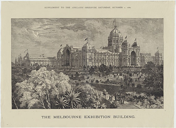 Artist: b'HARRALL, G.H.' | Title: b'The Melbourne Exhibition Building.' | Date: 1880 | Technique: b'wood-engraving, printed in black ink, from one block' Artist: b'HARRALL, G.H.' | Title: b'The Melbourne Exhibition Building.' | Date: 1880 | Technique: b'wood-engraving, printed in black ink, from one block'