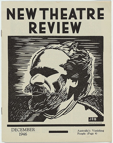 Artist: b'Bucklow, J.E.' | Title: b'(frontcover) New theatre review: December 1946.' | Date: December 1946 | Technique: b'linocut, printed in black ink, from one block; letterpress text' Artist: b'Bucklow, J.E.' | Title: b'(frontcover) New theatre review: December 1946.' | Date: December 1946 | Technique: b'linocut, printed in black ink, from one block; letterpress text'