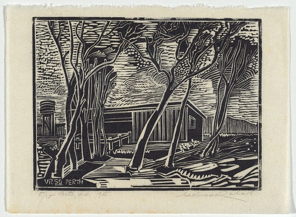 Artist: Ratas, Vaclovas. | Title: Shearing shed. | Date: 1950 | Technique: wood-engraving, printed in black ink, from one block