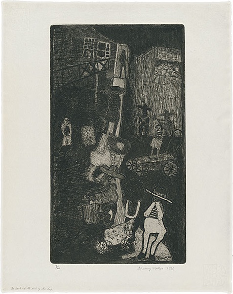 Artist: b'WALKER, Murray' | Title: b'The dark at the end of the day.' | Date: 1966 | Technique: b'etching and aquatint, printed in black ink, from one plate' Artist: b'WALKER, Murray' | Title: b'The dark at the end of the day.' | Date: 1966 | Technique: b'etching and aquatint, printed in black ink, from one plate'
