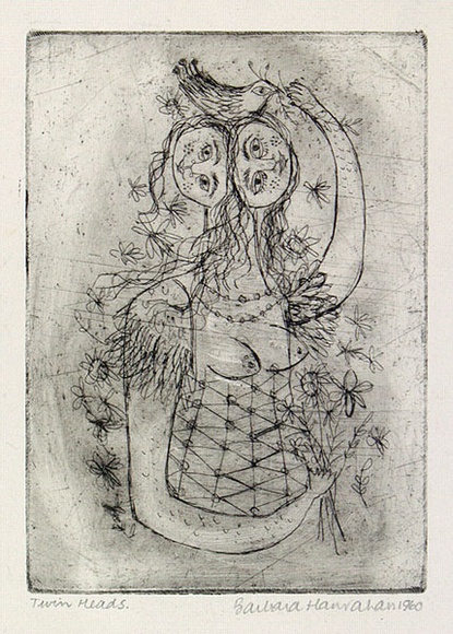 Artist: b'HANRAHAN, Barbara' | Title: b'Twin heads' | Date: 1960 | Technique: b'etching, printed in black ink with plate-tone, from one plate' Artist: b'HANRAHAN, Barbara' | Title: b'Twin heads' | Date: 1960 | Technique: b'etching, printed in black ink with plate-tone, from one plate'