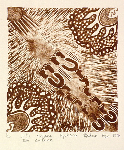 Artist: b'Baker, Nyukana.' | Title: b'Tji-tji kutjara' | Date: 1996, February | Technique: b'lithograph, printed in brown ink, from one stone' Artist: b'Baker, Nyukana.' | Title: b'Tji-tji kutjara' | Date: 1996, February | Technique: b'lithograph, printed in brown ink, from one stone'