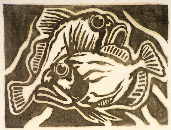 Artist: b'Stephen, Clive.' | Title: b'(Two fish)' | Date: c.1950 | Technique: b'linocut, printed in black ink, from one block' Artist: b'Stephen, Clive.' | Title: b'(Two fish)' | Date: c.1950 | Technique: b'linocut, printed in black ink, from one block'