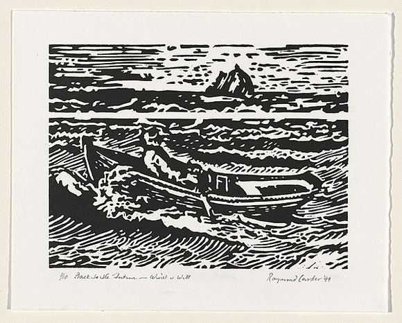 Artist: b'Carter, Ray.' | Title: b'Back to the future - wind & will' | Date: 1999 | Technique: b'linocut, printed in black ink, from one block' Artist: b'Carter, Ray.' | Title: b'Back to the future - wind & will' | Date: 1999 | Technique: b'linocut, printed in black ink, from one block'