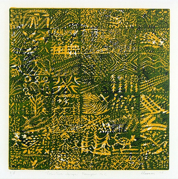 Artist: b'Shearer, Mitzi.' | Title: b'Primitive design (sampler no.2)' | Date: 1978 | Technique: b'linocut, printed in colour, from three blocks' Artist: b'Shearer, Mitzi.' | Title: b'Primitive design (sampler no.2)' | Date: 1978 | Technique: b'linocut, printed in colour, from three blocks'
