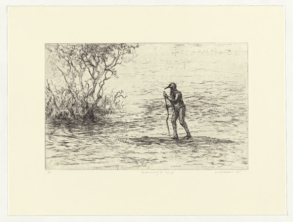 Artist: b'Mortensen, Kevin.' | Title: b'Returning to camp' | Date: 2005 | Technique: b'etching, printed in black ink, from one copper plate' | Copyright: b'\xc2\xa9 Kevin Mortensen' Artist: b'Mortensen, Kevin.' | Title: b'Returning to camp' | Date: 2005 | Technique: b'etching, printed in black ink, from one copper plate' | Copyright: b'\xc2\xa9 Kevin Mortensen'