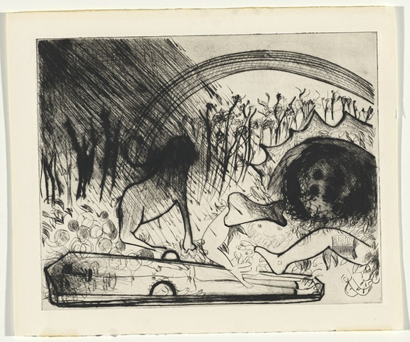 Artist: b'BOYD, Arthur' | Title: b'Lions with bone in wooded landscape (The last of St Jerome).' | Date: (1968-69) | Technique: b'etching and drypoint, printed in black ink, from one plate' | Copyright: b'Reproduced with permission of Bundanon Trust' Artist: b'BOYD, Arthur' | Title: b'Lions with bone in wooded landscape (The last of St Jerome).' | Date: (1968-69) | Technique: b'etching and drypoint, printed in black ink, from one plate' | Copyright: b'Reproduced with permission of Bundanon Trust'