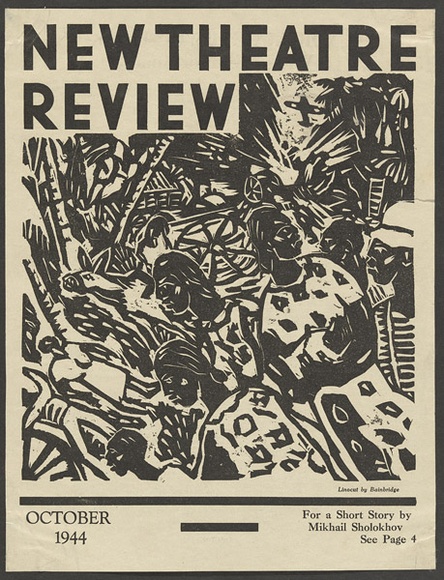 Artist: b'Bainbridge, John.' | Title: b'(frontcover) New theatre review: October 1944.' | Date: 1944 | Technique: b'linocut, printed in black ink, from one block; letterpress text' Artist: b'Bainbridge, John.' | Title: b'(frontcover) New theatre review: October 1944.' | Date: 1944 | Technique: b'linocut, printed in black ink, from one block; letterpress text'